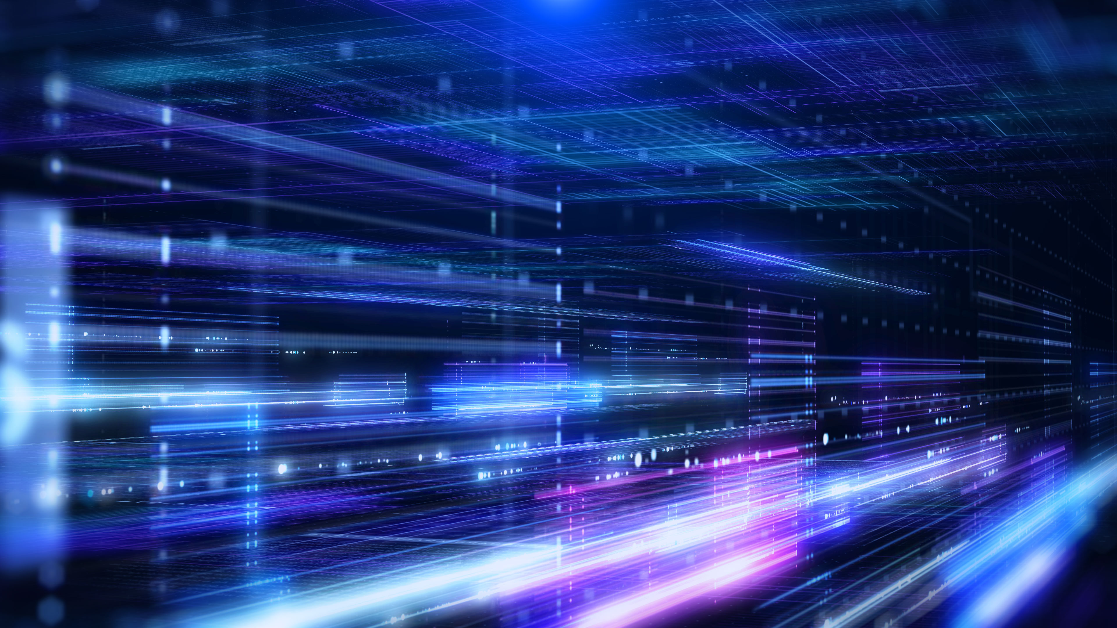 Abstract digital data streams with glowing blue and purple light lines.