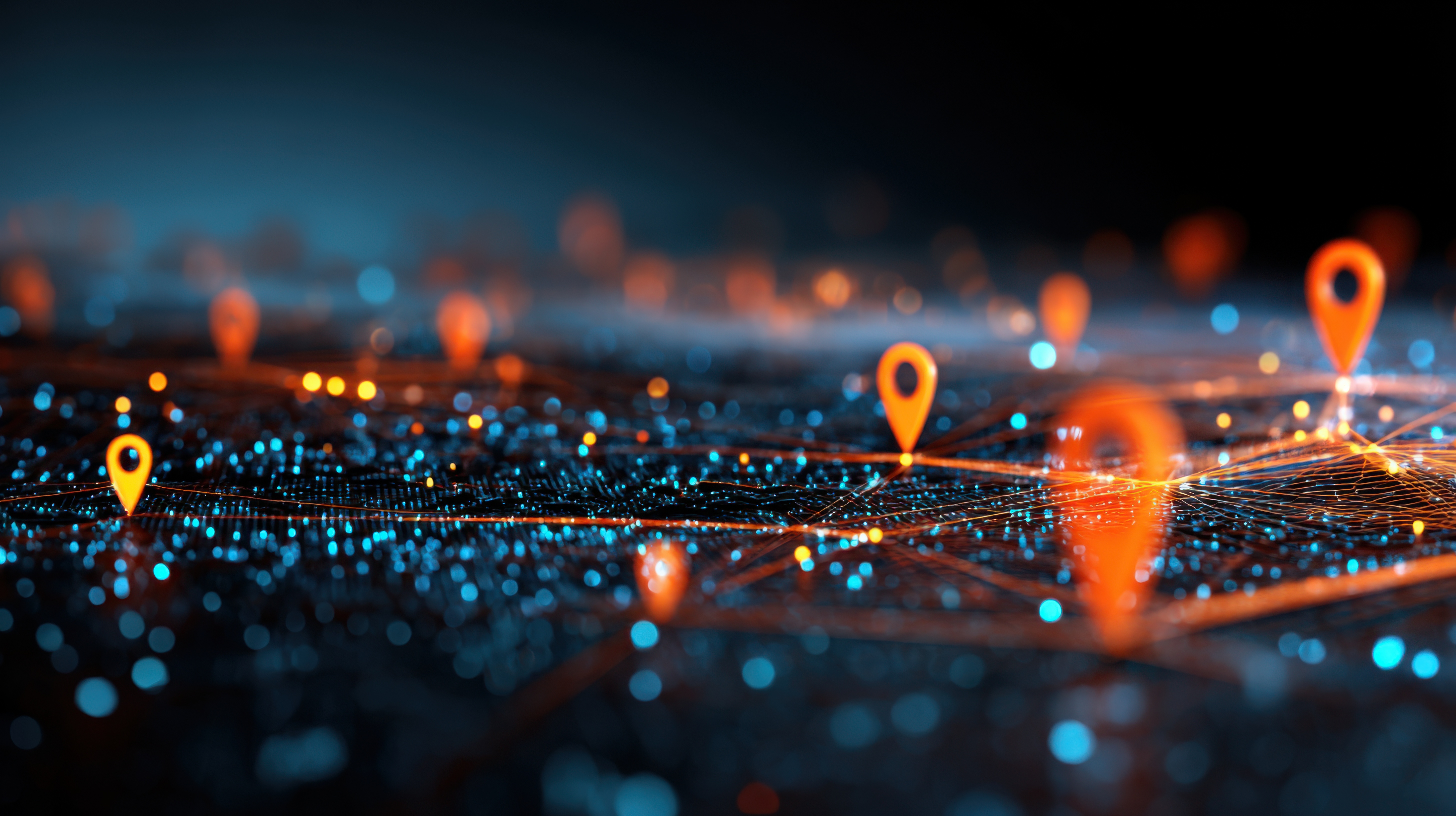 A close-up digital rendering shows glowing orange location pins connected by bright blue lines on a dark grid.