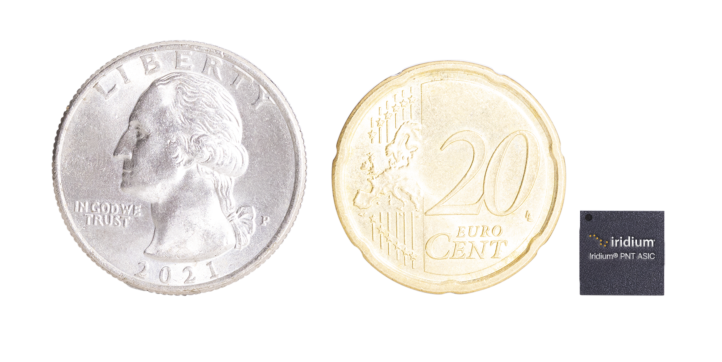 U.S. quarter, 20 euro cent coin, and Iridium PNT ASIC chip side by side for size comparison.
