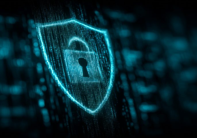 Close-up of a bright blue, pixelated digital shield and lock on a dark, binary background.