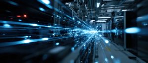 Blurry, perspective view of a server aisle with glowing blue and white light trails shooting toward the distance.