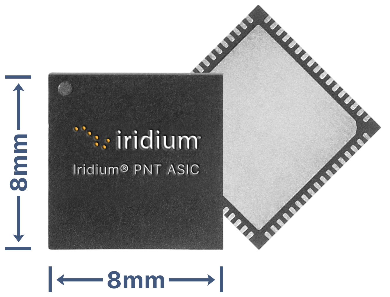 A black Iridium PNT ASIC chip showing its 8mm by 8mm dimensions.