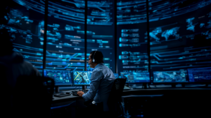 Man with a headset using a computer in a dark, high-tech center with multiple large monitors displaying glowing blue data visualizations.